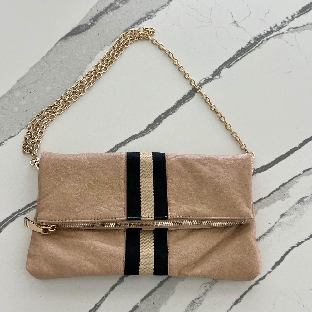 Fold-over Clutch or Shoulder Chain Handbag- color tan/black
